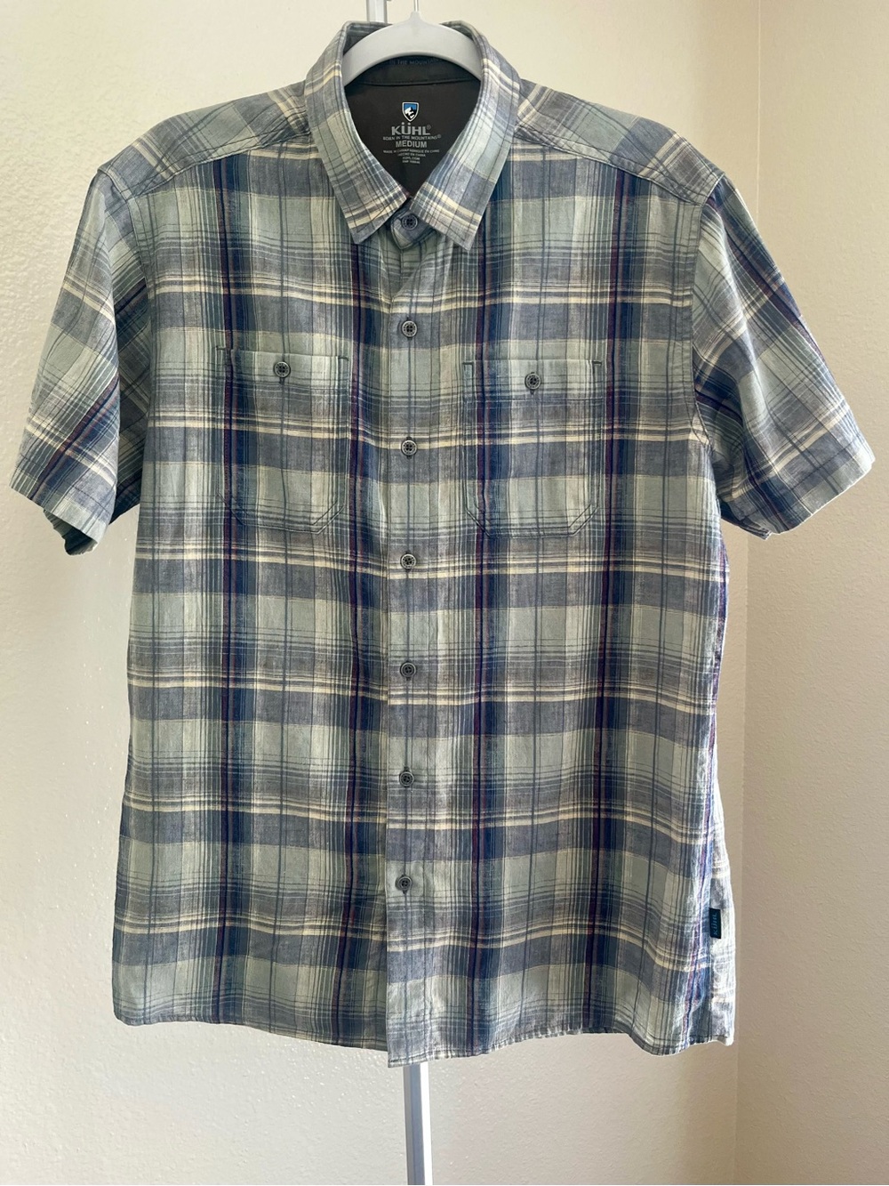 Kuhl Linen Blend Plaid Button Front Short Sleeve Shirt Green/Blue Size M